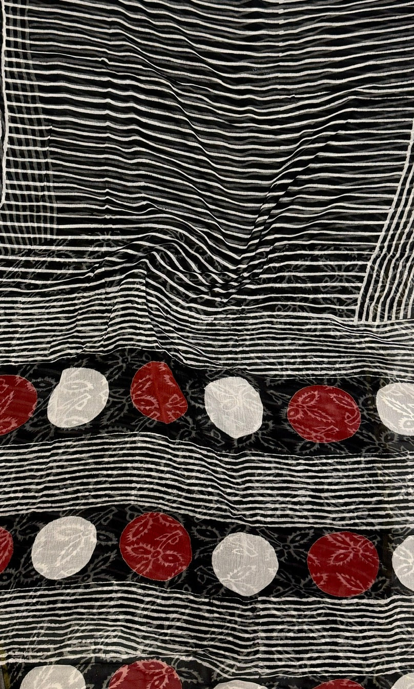 Modern Black & White Striped Double Diamond Saree with Abstract Red and White Circular Motifs