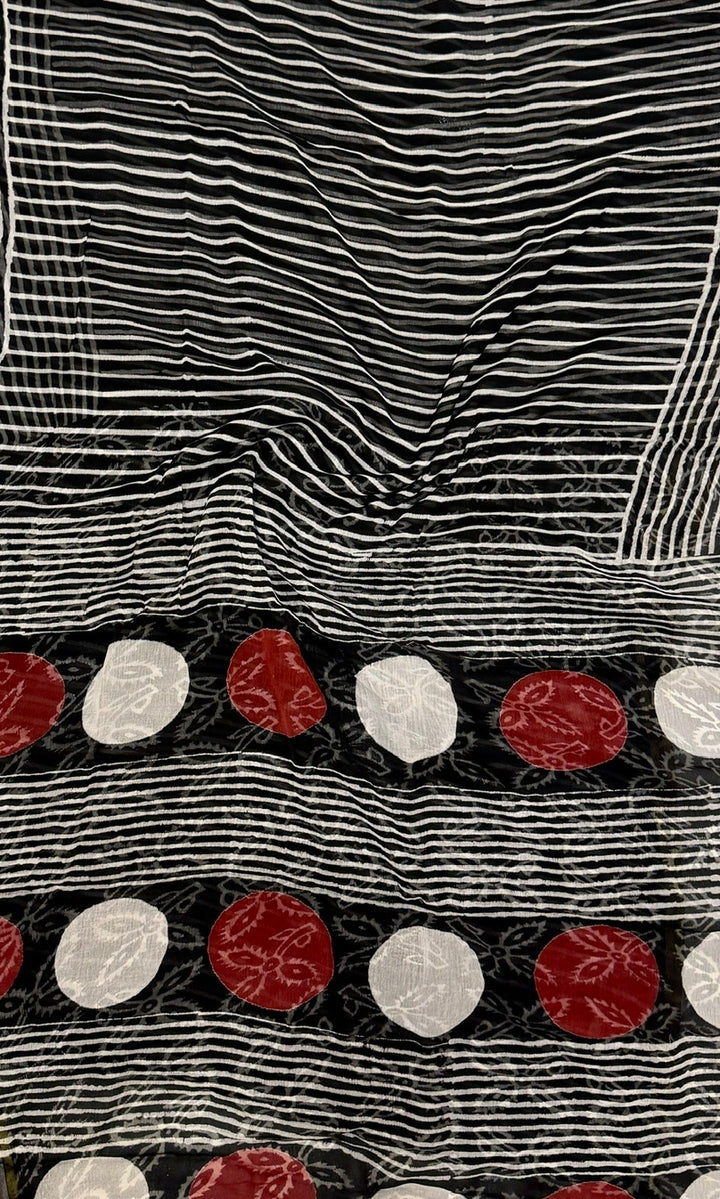 Modern Black & White Striped Double Diamond Saree with Abstract Red and White Circular Motifs