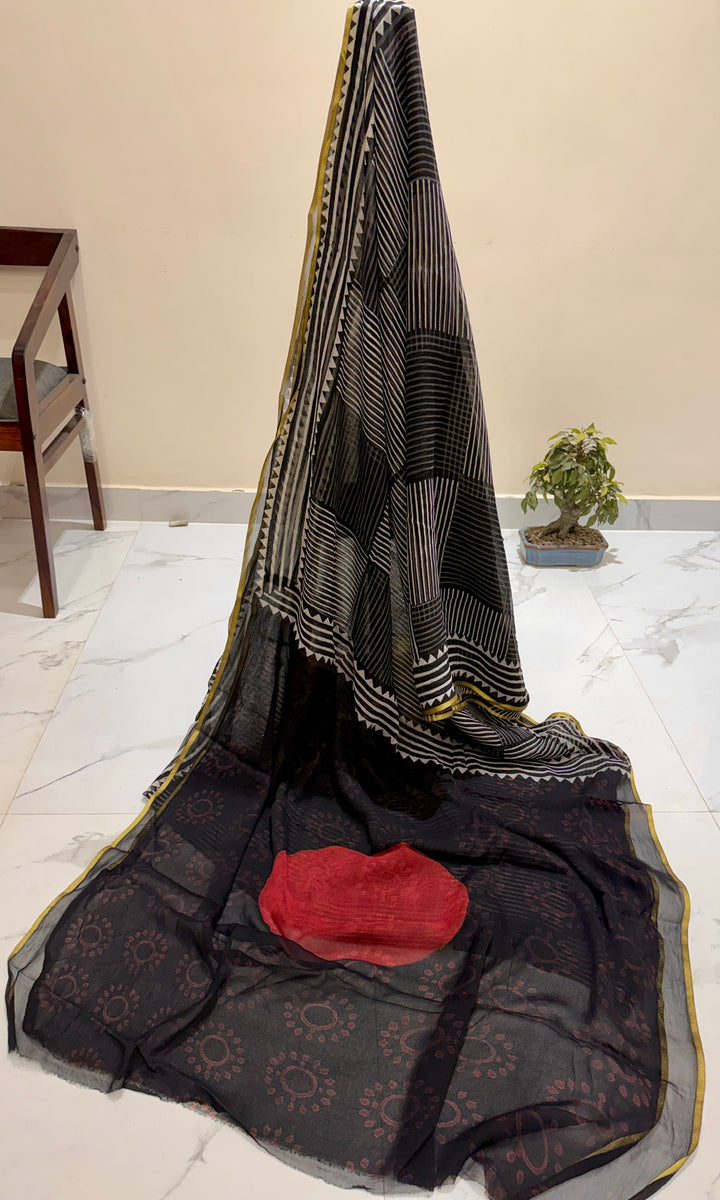 Designer Double Diamond Saree in Black featuring Linear Pattern Pallu and Delicate Mandala Prints