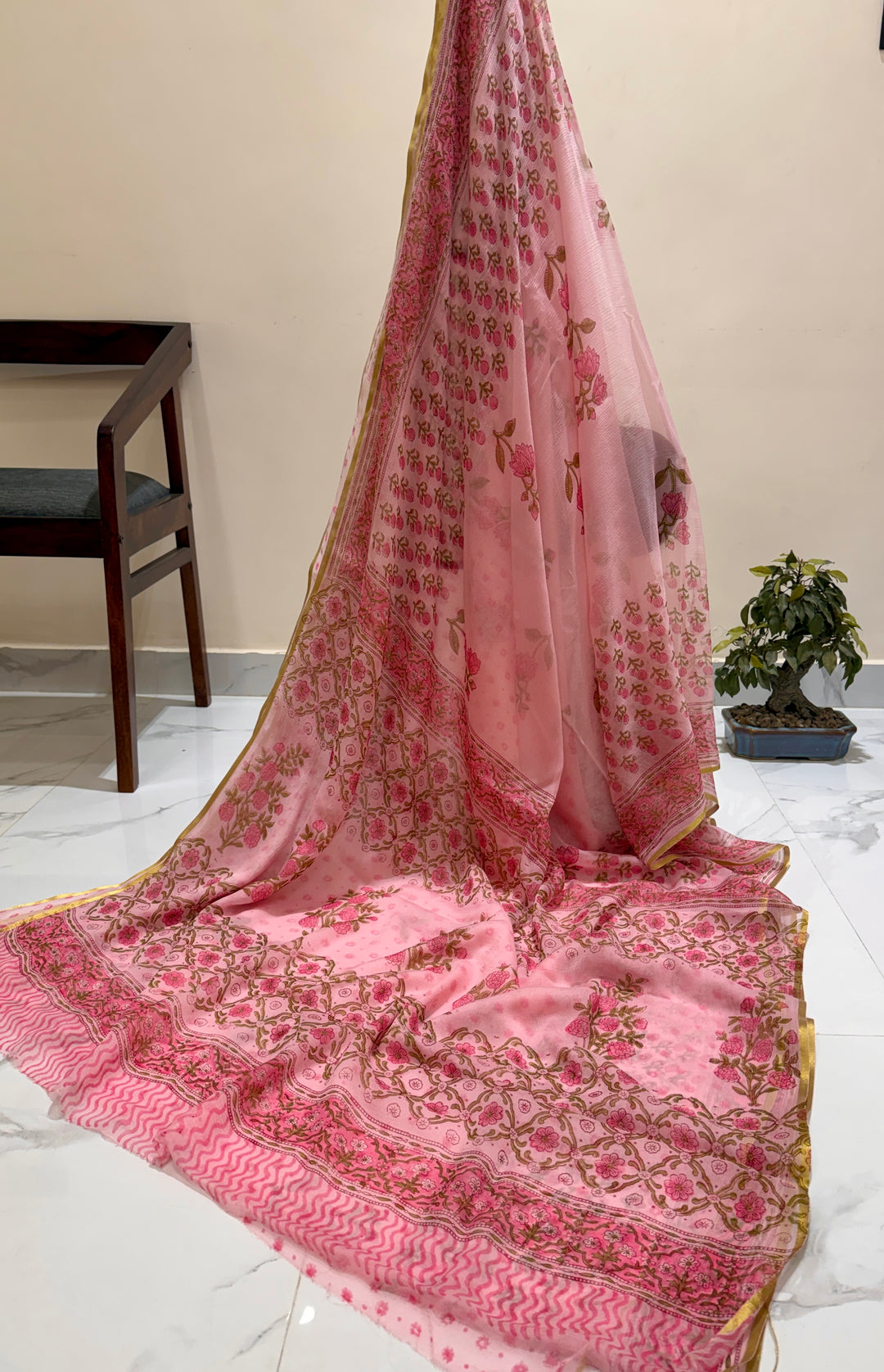 Pastel Pink Sheer Chiffon Saree with Classic Floral Block Borders