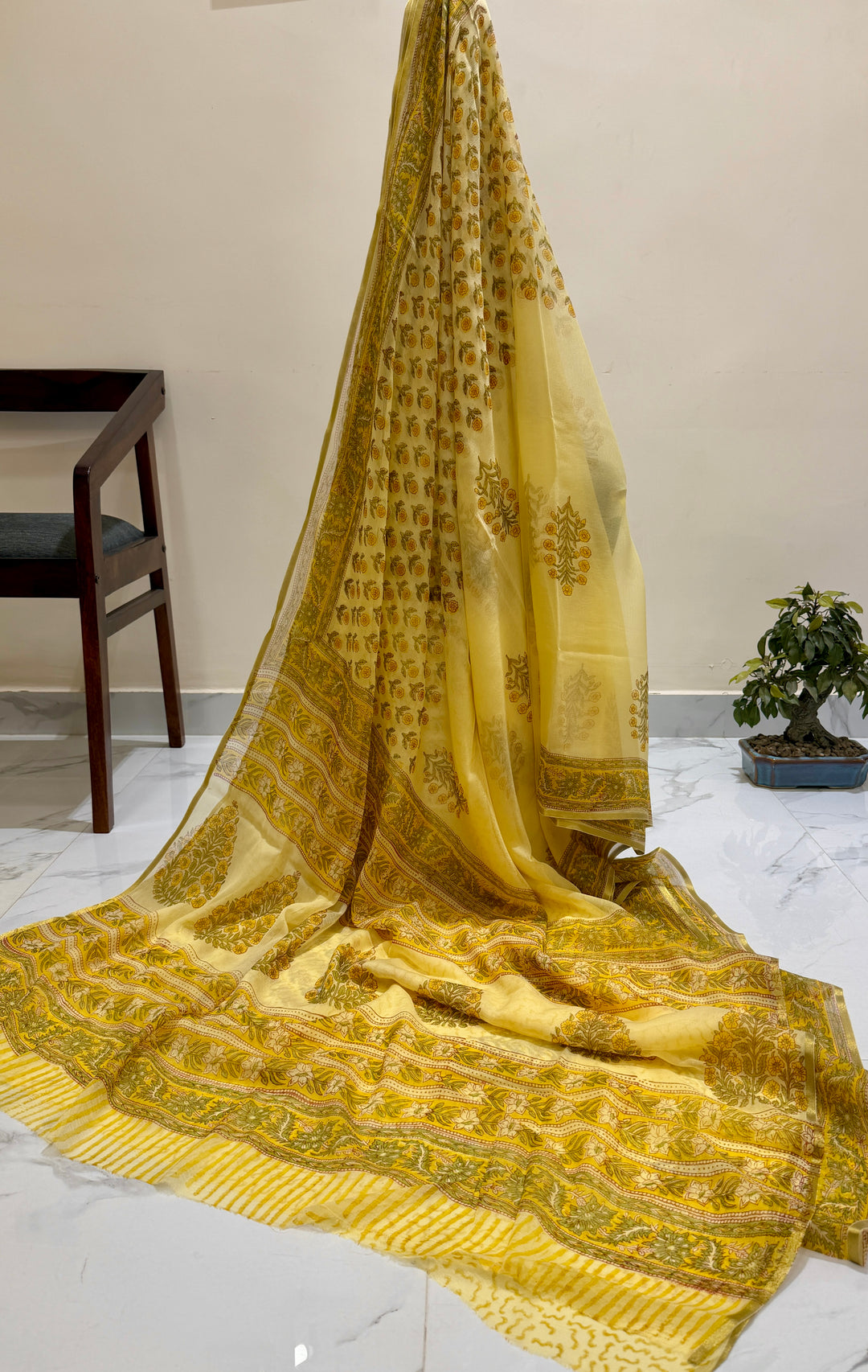 Golden Yellow Chiffon Saree with Olive Green Botanical Prints