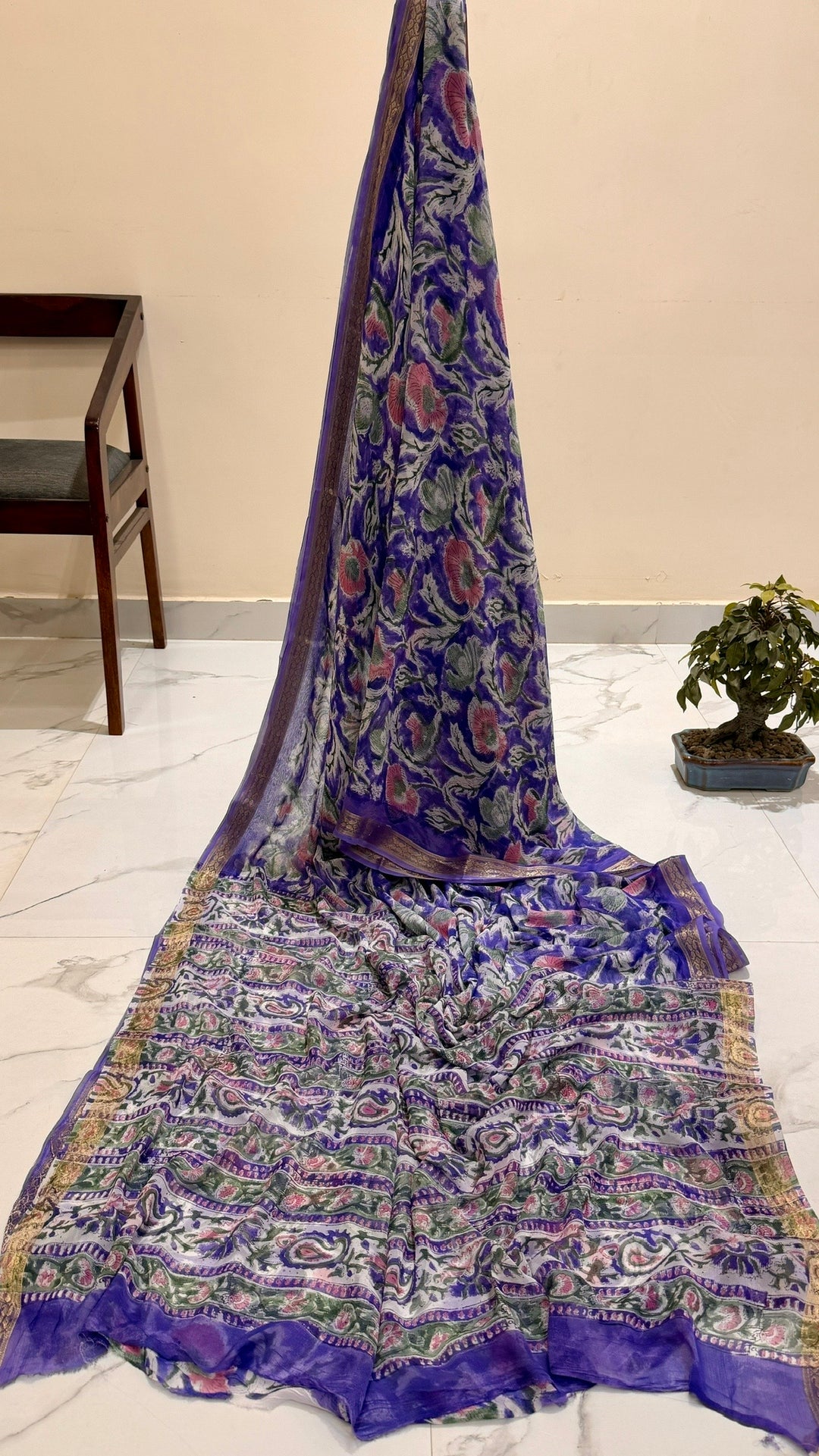 Premium Chiffon Saree in Royal Indigo Blue with Blush Pink Floral Prints