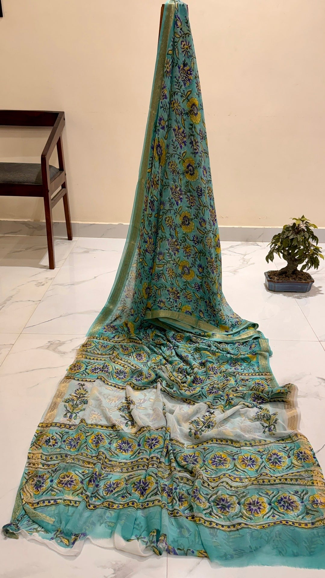 Premium Chiffon Saree in Mint Turquoise with Mustard and Indigo Floral Motif