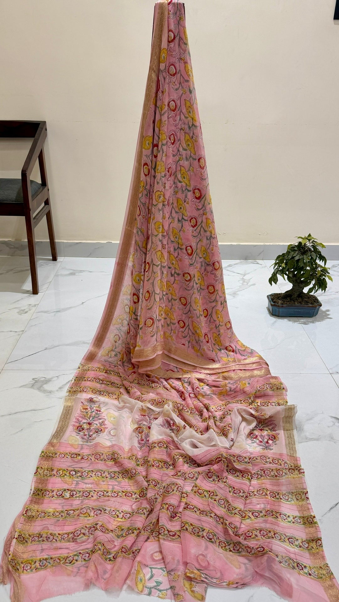 Premium Chiffon Saree in Pastel Blush Pink with Marigold Yellow Floral Booti