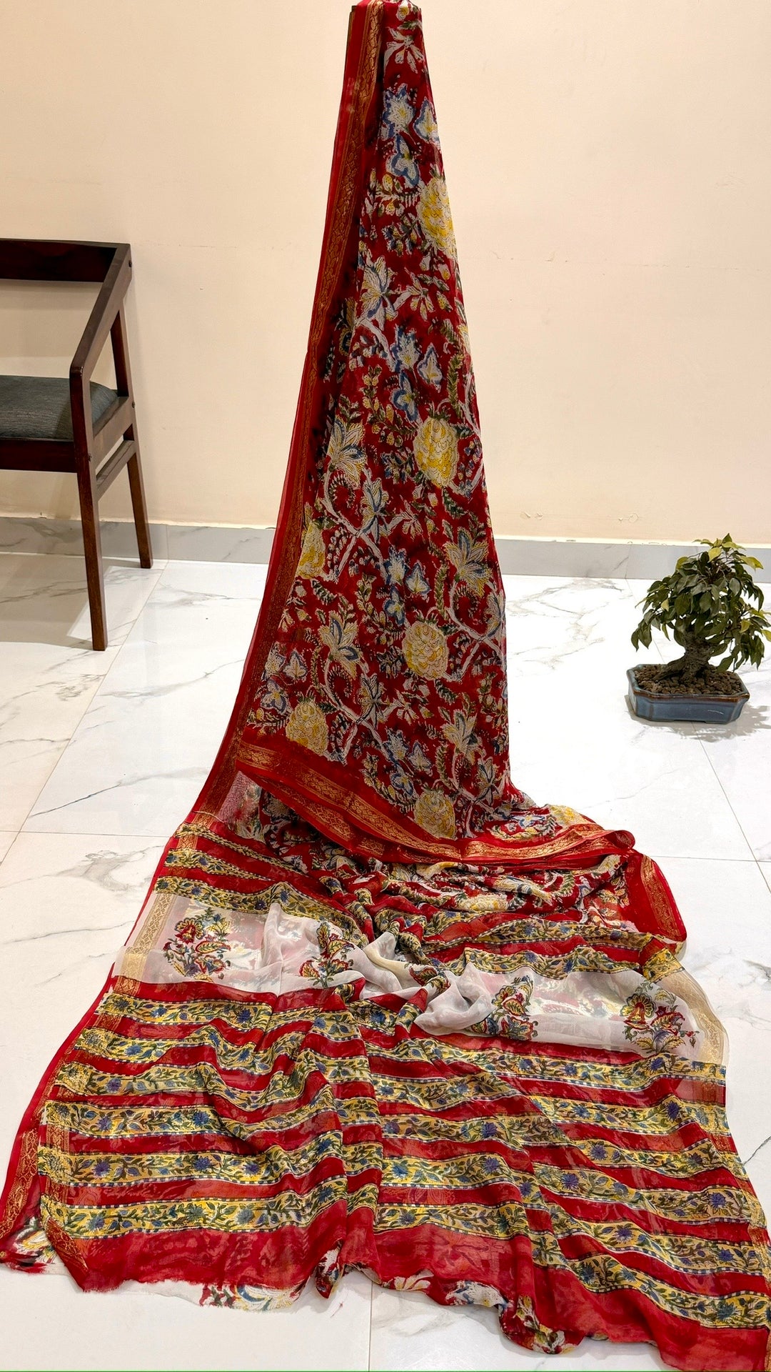 Premium Chiffon Saree in Deep Crimson Red with Ivory and Ochre Floral Lattice