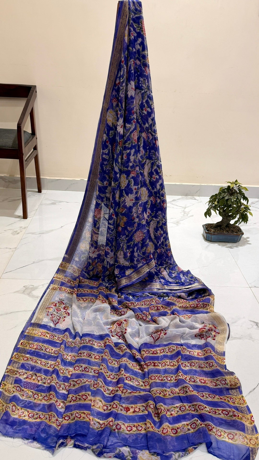 Premium Chiffon Saree in Bright Ultramarine Blue with Multicolor Floral Vine