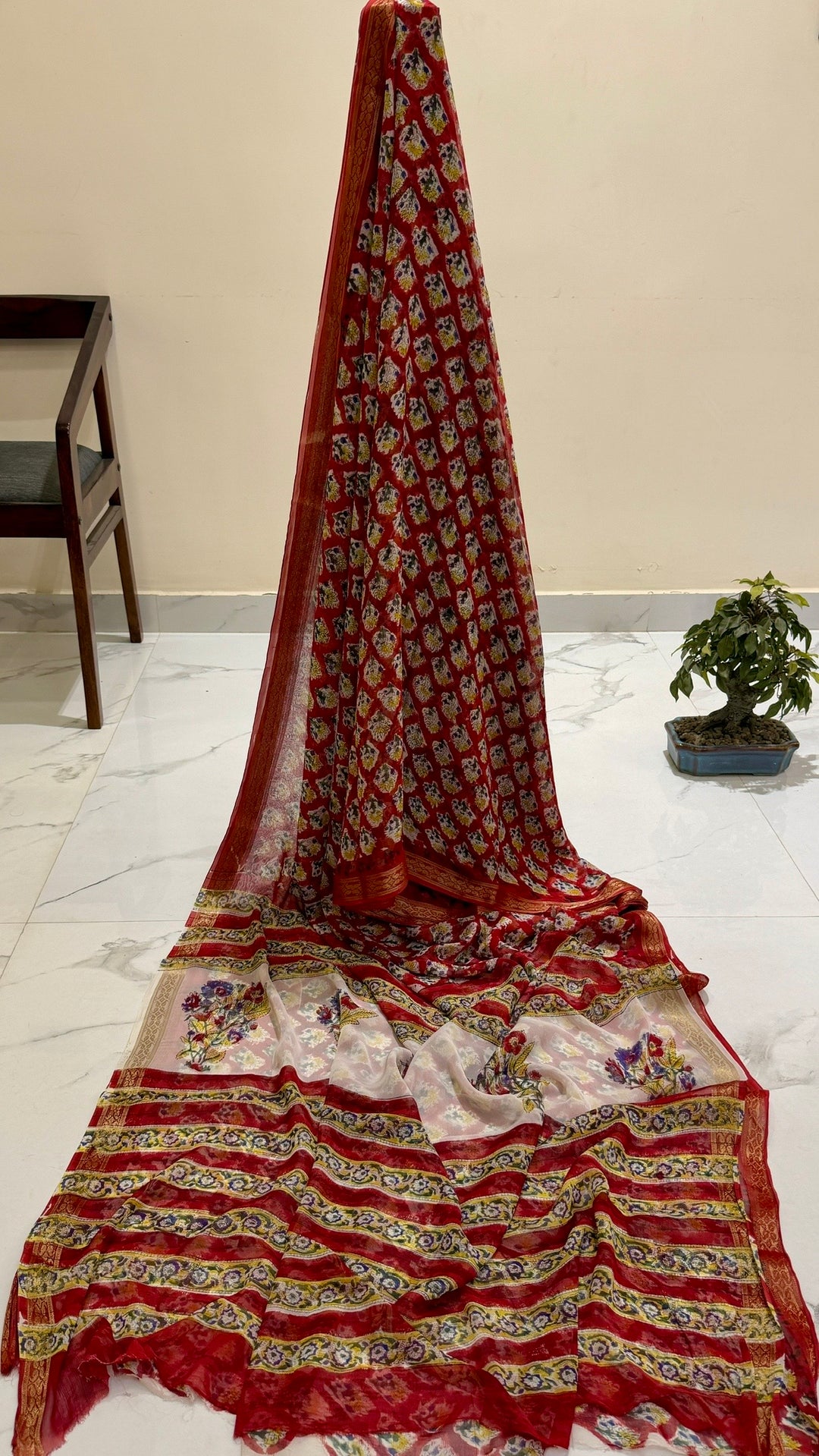 Premium Chiffon Saree in Crimson Red with Geometric Buti Print and Zari Border
