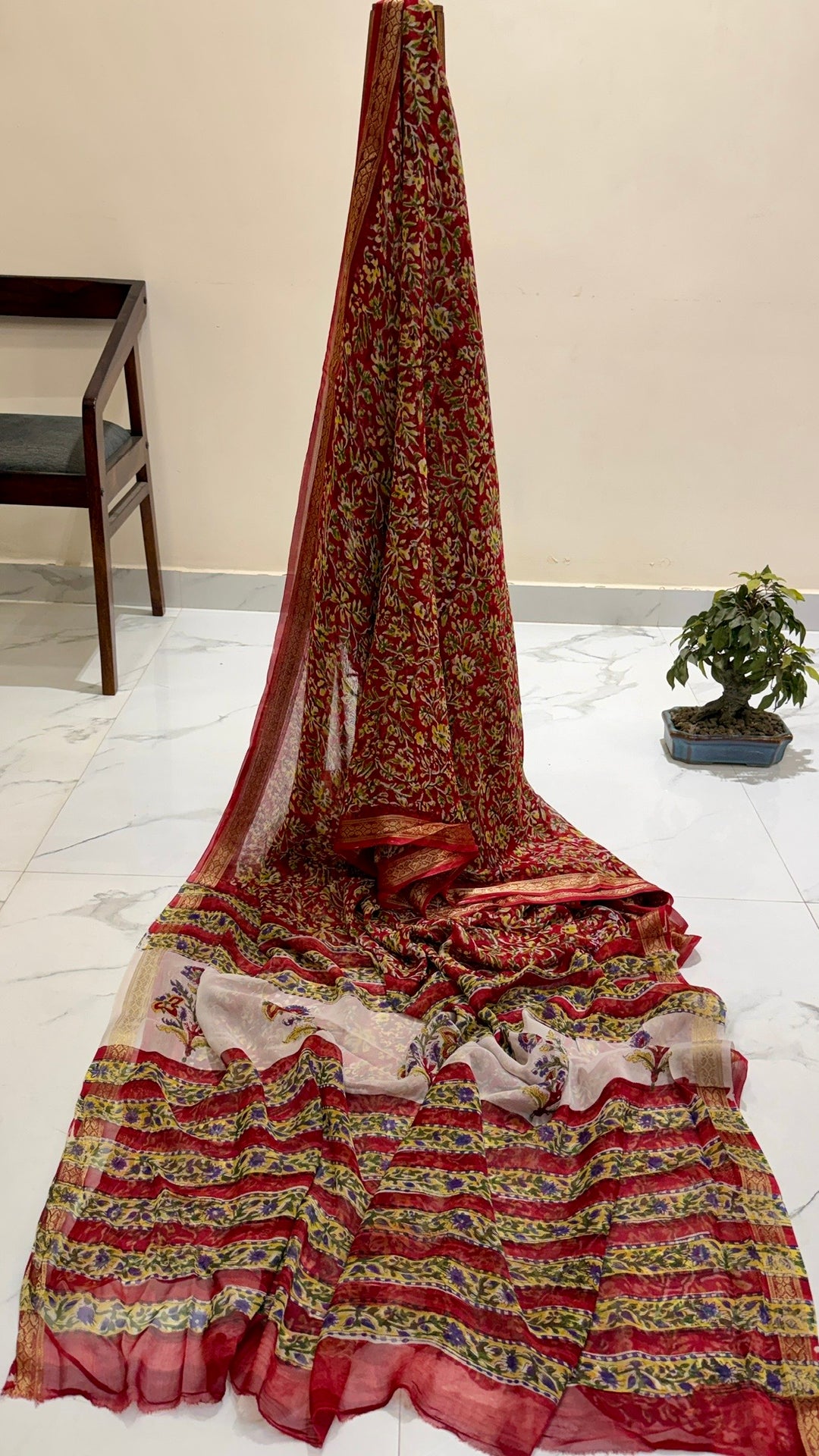 Premium Chiffon Saree in Deep Red with All-Over Jaal Floral Print and Zari Border
