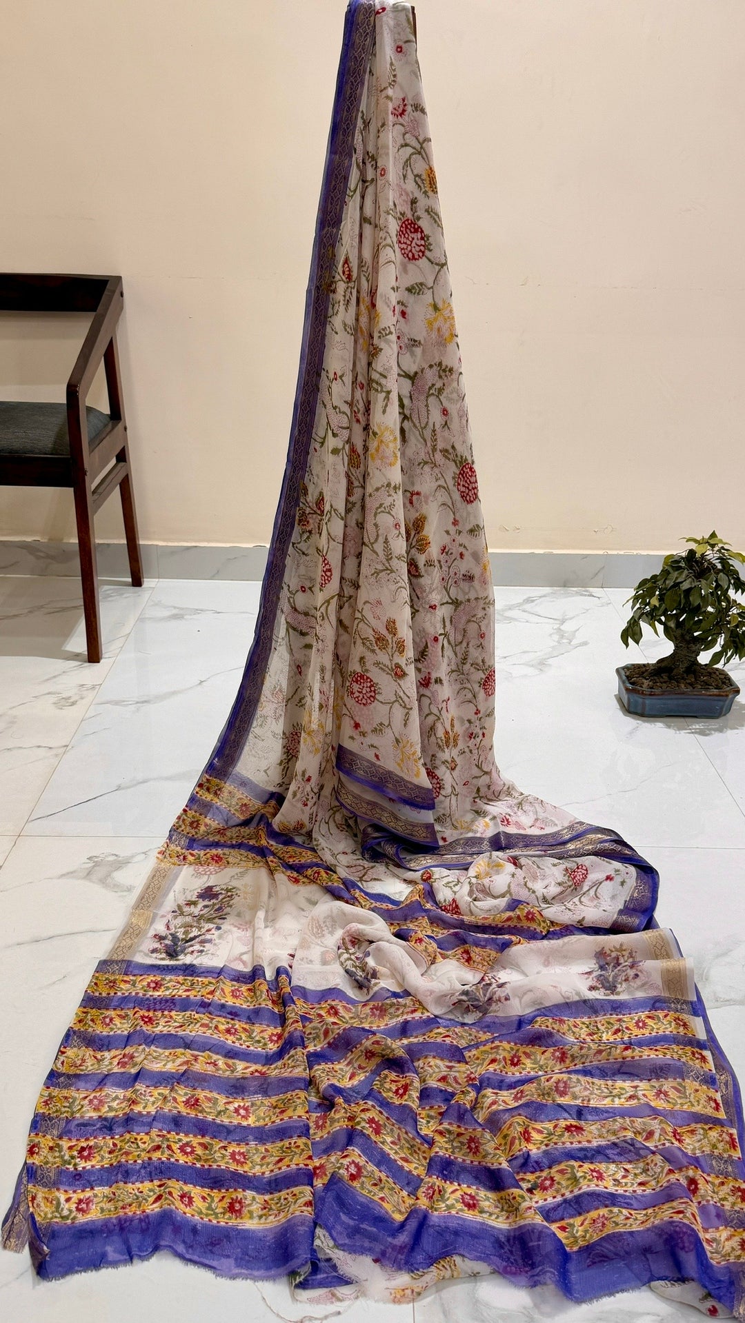 Premium Chiffon Saree in Ivory White with Purple Border and Delicate Floral Vine Print