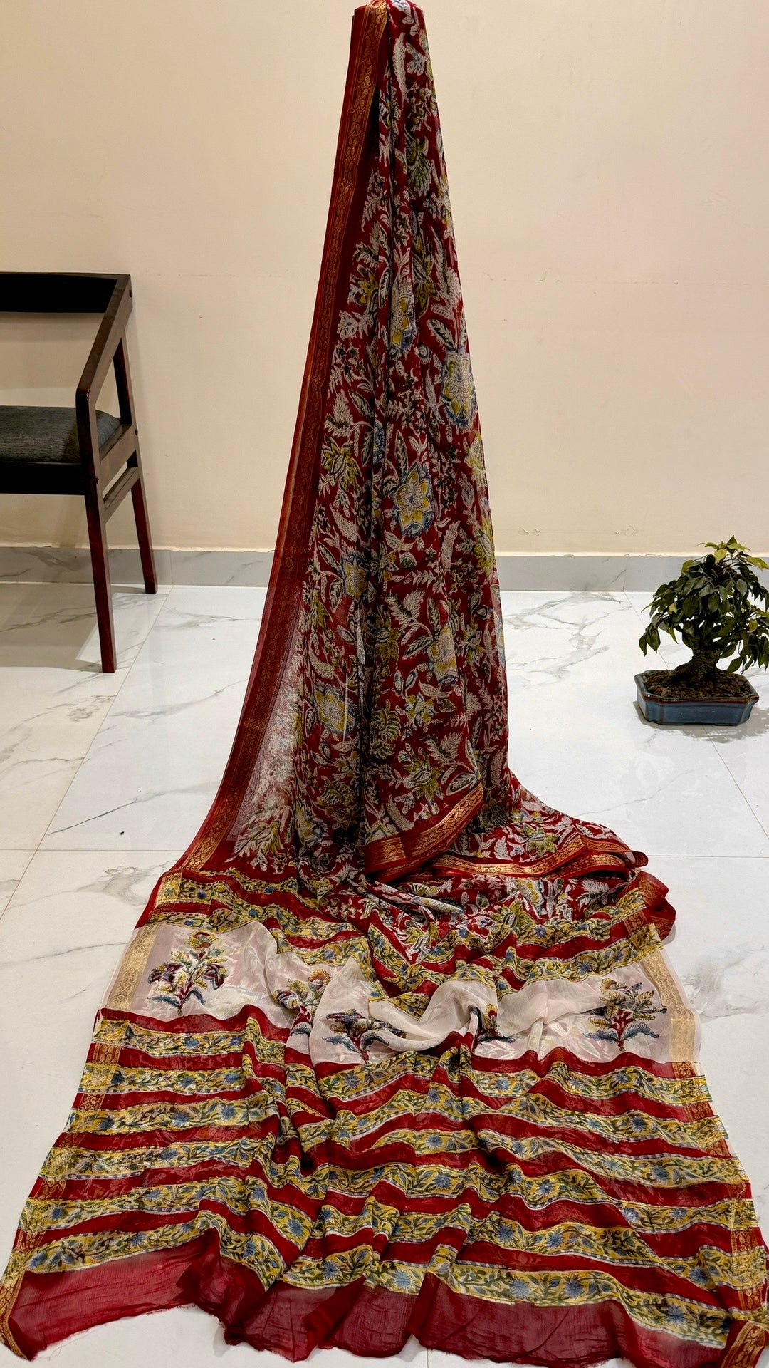 Premium Chiffon Saree in Maroon Red with Multicolored Kalamkari Inspired Floral Print
