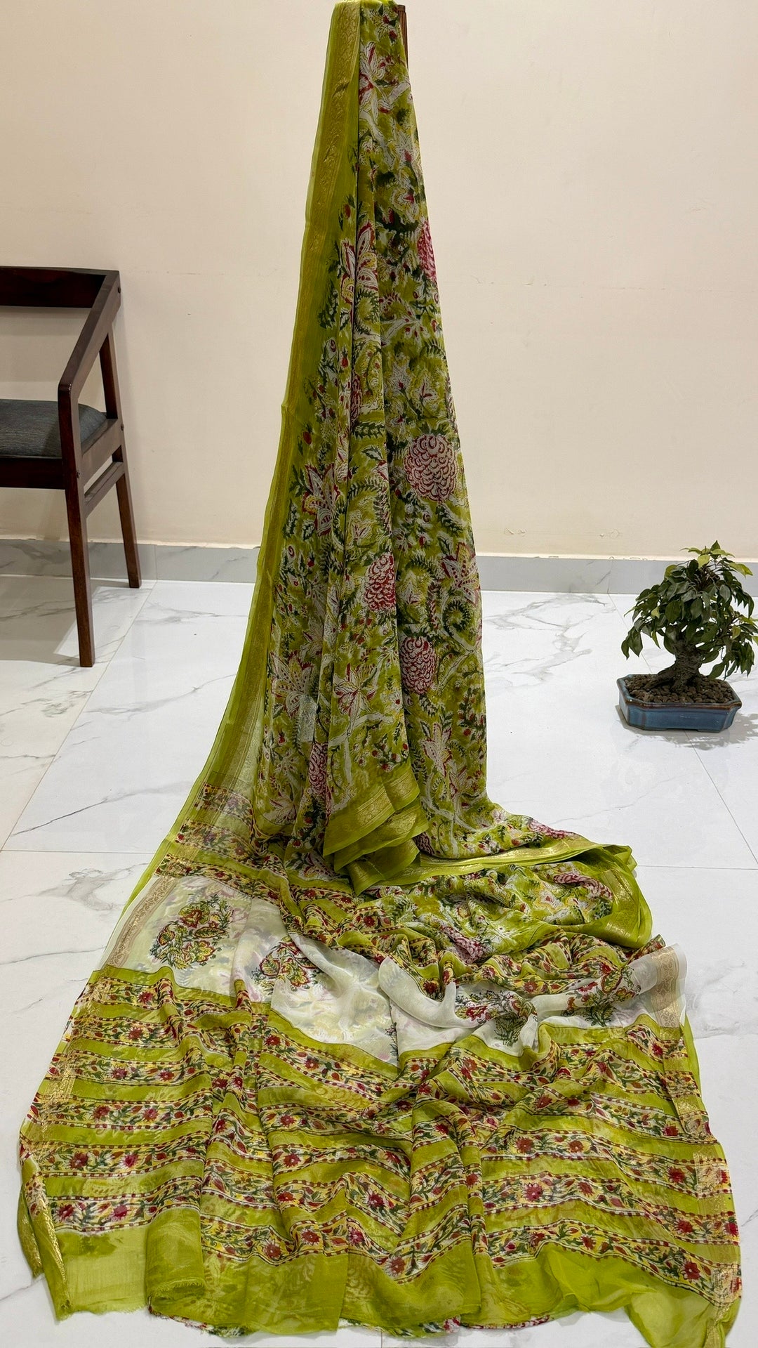 Premium Chiffon Saree in Lime Olive Green with Rose Pink Floral Vine Print