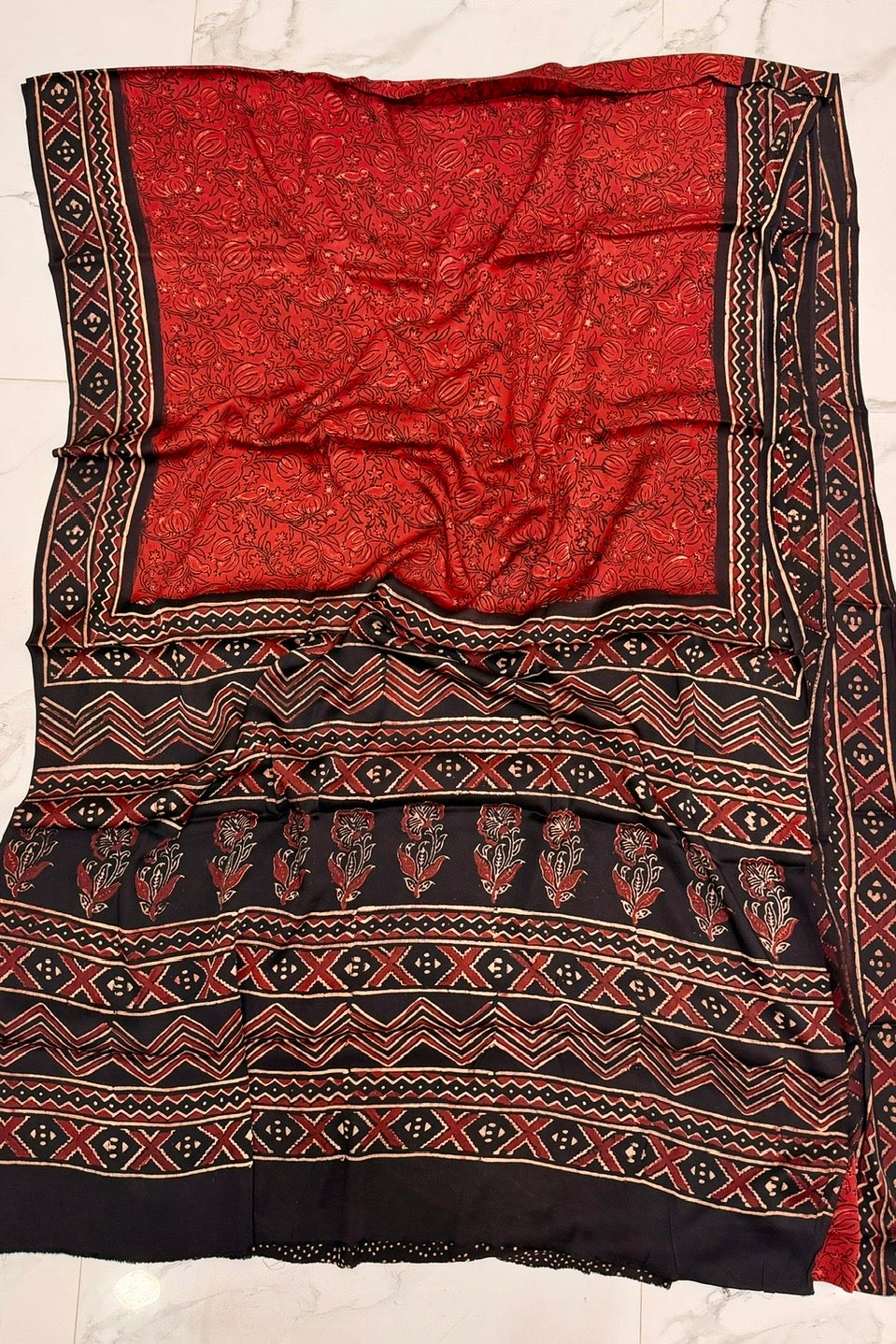 Pure Modal Silk Saree in Deep Red with Black Geometric Handblock Patterns