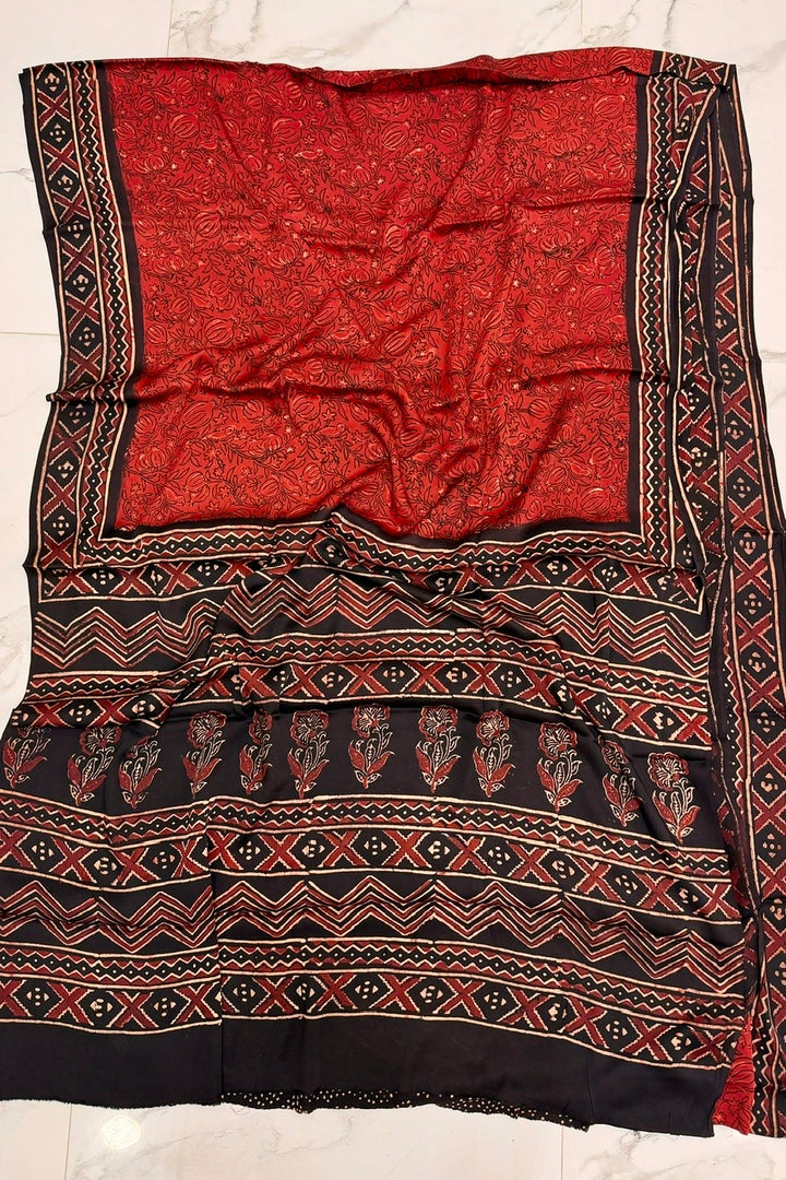 Pure Modal Silk Saree in Deep Red with Black Geometric Handblock Patterns