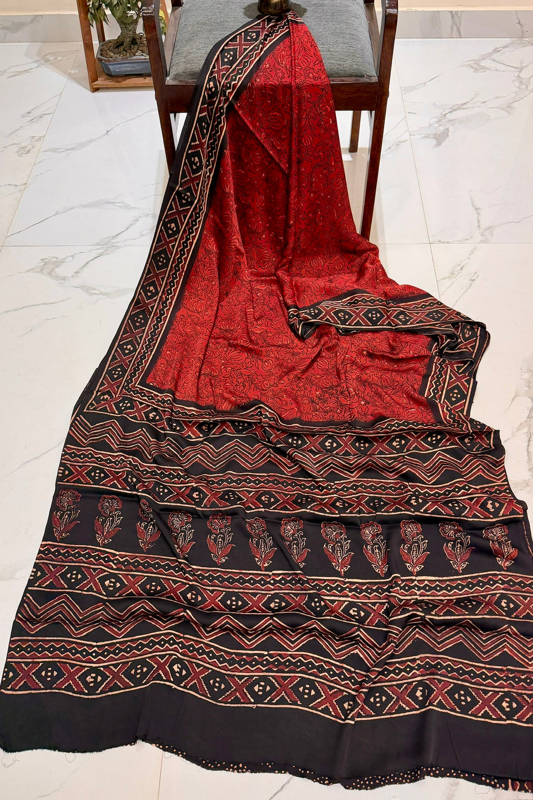 Pure Modal Silk Saree in Deep Red with Black Geometric Handblock Patterns