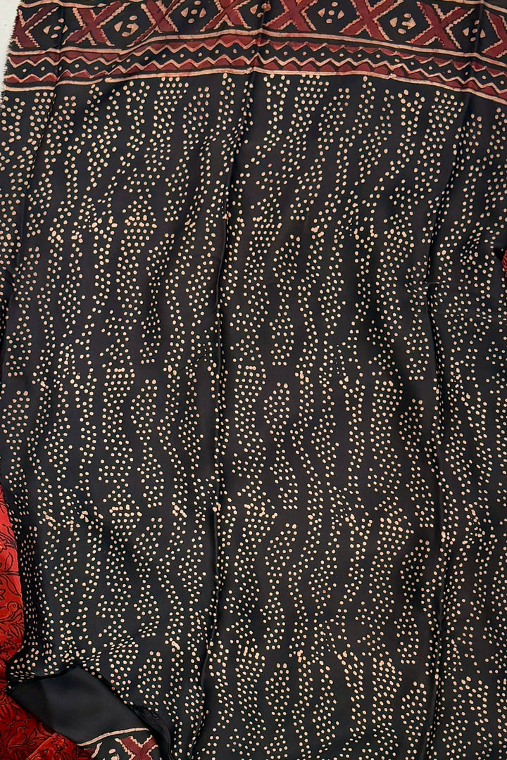 Pure Modal Silk Saree in Deep Red with Black Geometric Handblock Patterns