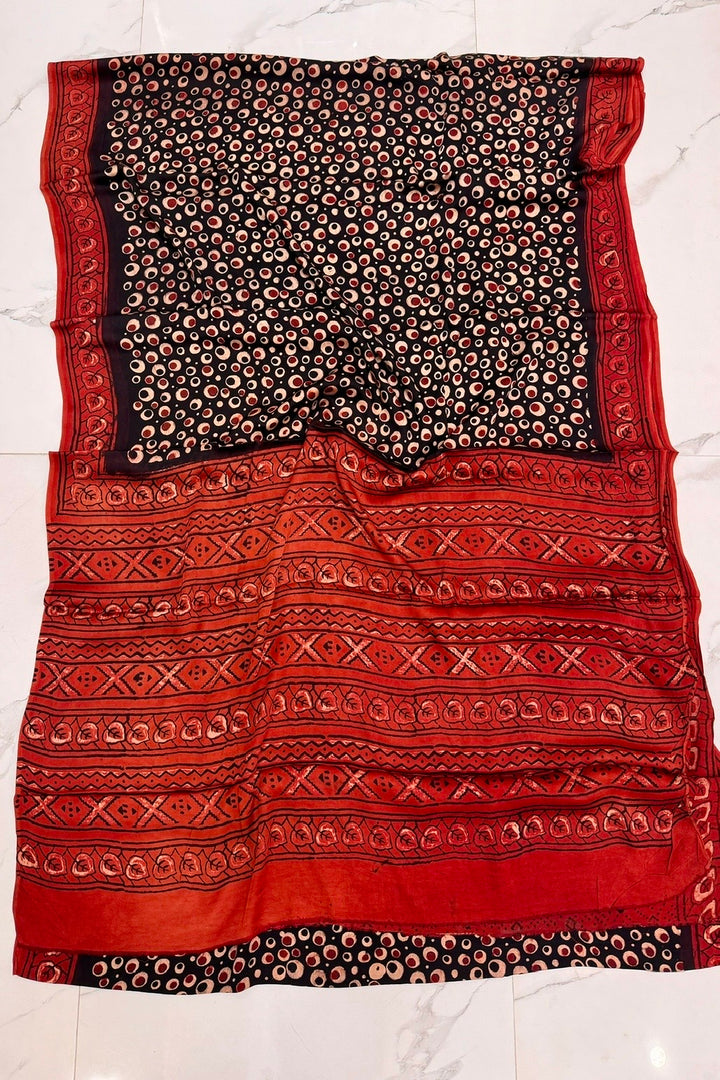Pure Modal Silk Saree with Unique Abstract Prints and Rich Red Border