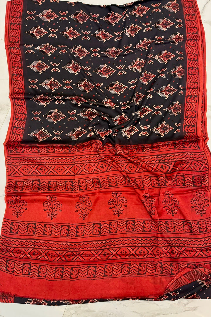 Premium Black Pure Modal Silk Saree with Red Tribal Handblock Design