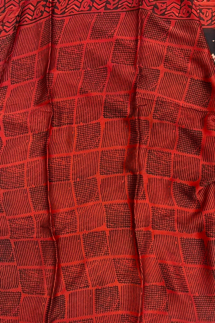 Premium Black Pure Modal Silk Saree with Red Tribal Handblock Design