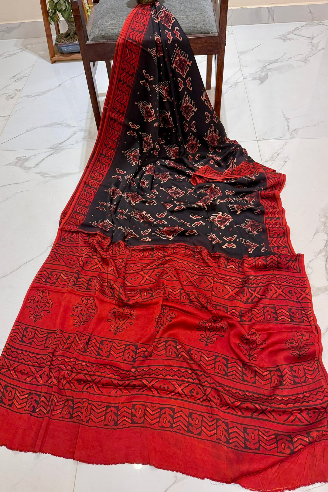 Premium Black Pure Modal Silk Saree with Red Tribal Handblock Design