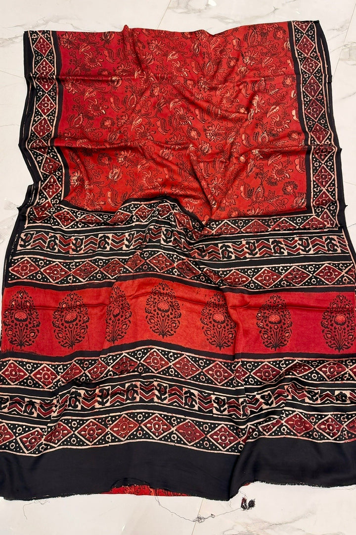 Red And Black Ajrakh Pure Modal Silk saree