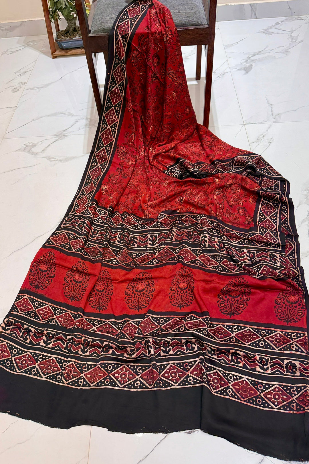 Red And Black Ajrakh Pure Modal Silk saree