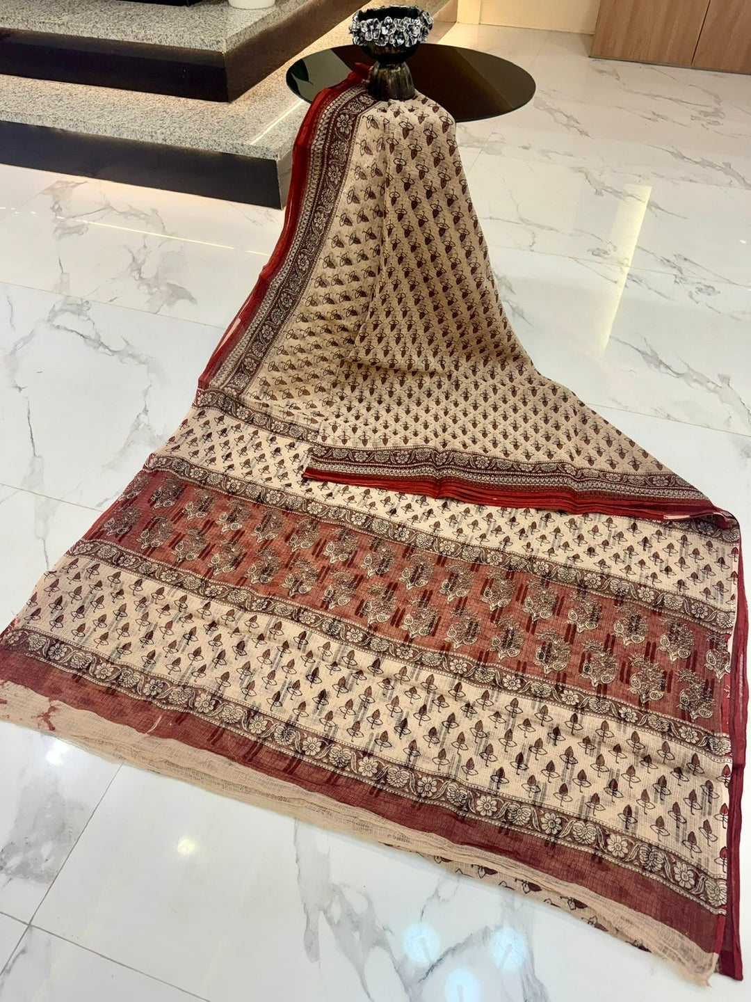Classic Booti Hand Block Printed Kota Doria Cotton Saree with Maroon Border