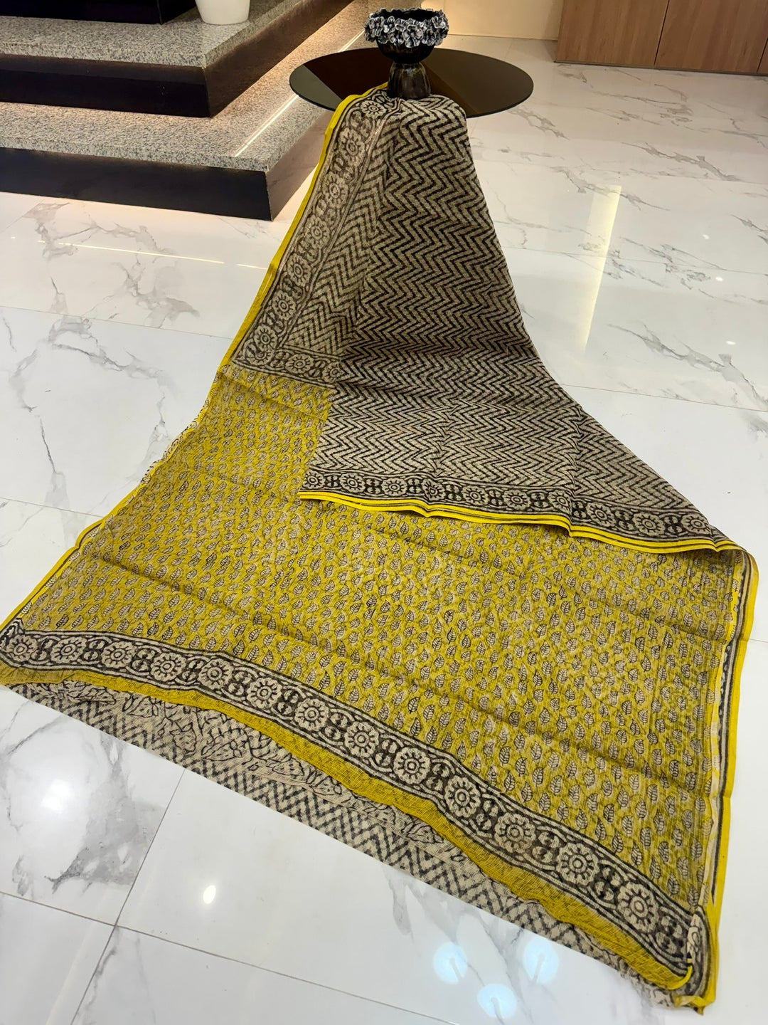Geometric Zig-Zag Block Printed Kota Doria Cotton Saree in Mustard & Black
