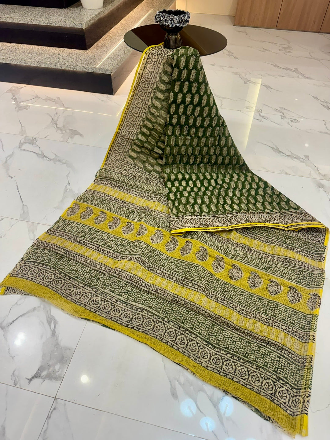 Hand Block Printed Leaf Motif Kota Doria Cotton Saree with Yellow Trim