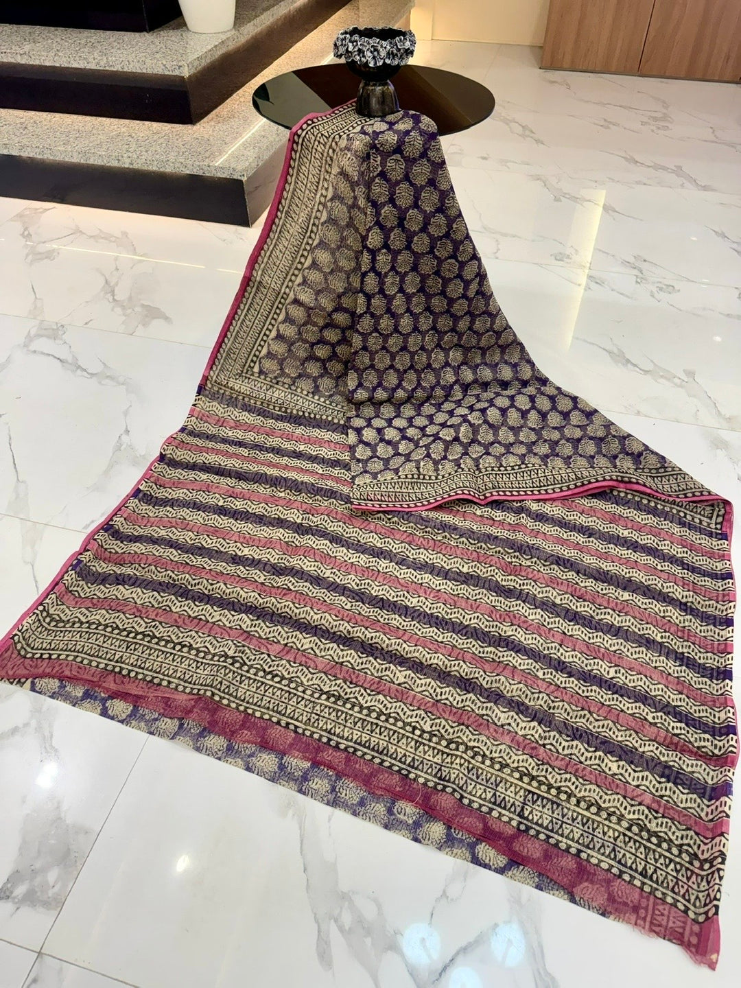 Ethnic Floral and Striped Hand Block Printed Kota Doria Cotton Saree
