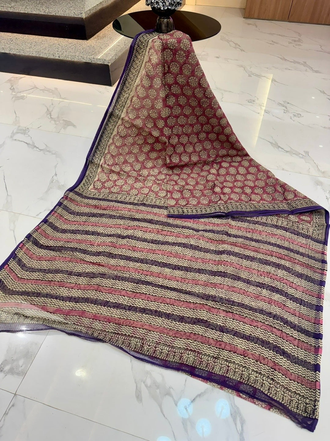 Crimson & Indigo Hand Block Printed Kota Doria Cotton Saree