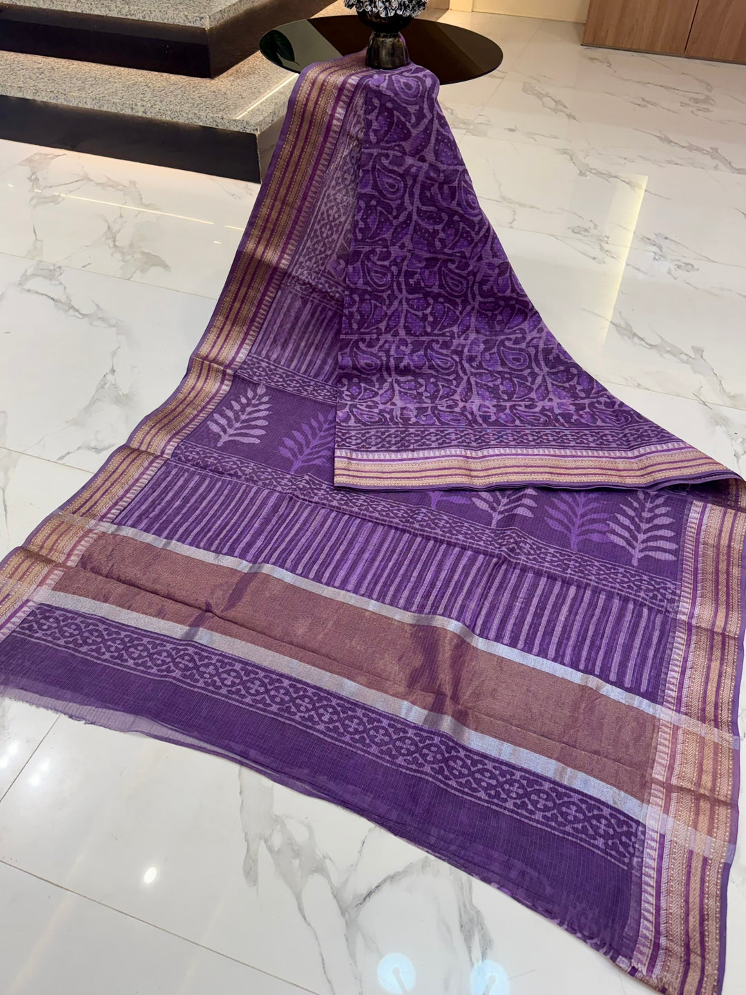 Deep Purple Hand Block Printed Kota Doria Cotton Saree with Festive Zari