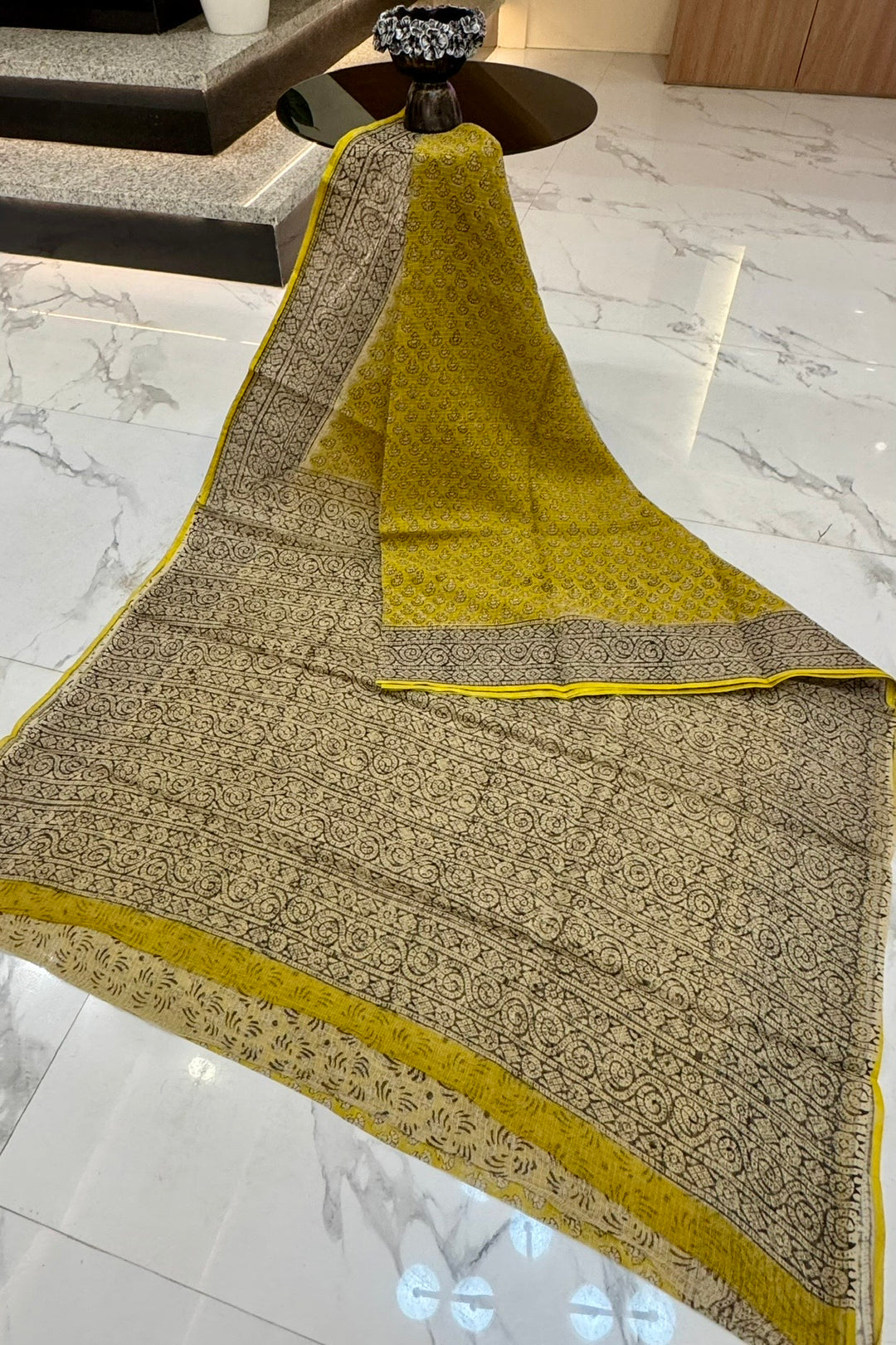 Vibrant Mustard Hand Block Printed Kota Doria Saree with Intricate Pallu