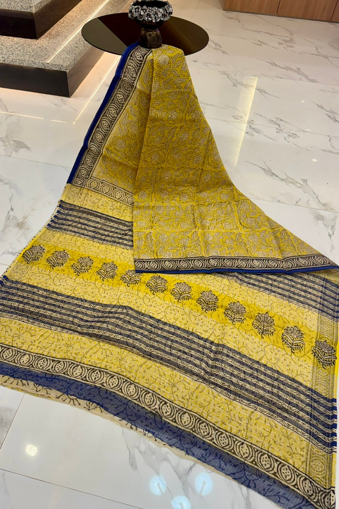 Sunshine Yellow & Royal Blue Hand Block Printed Kota Doria Cotton Saree