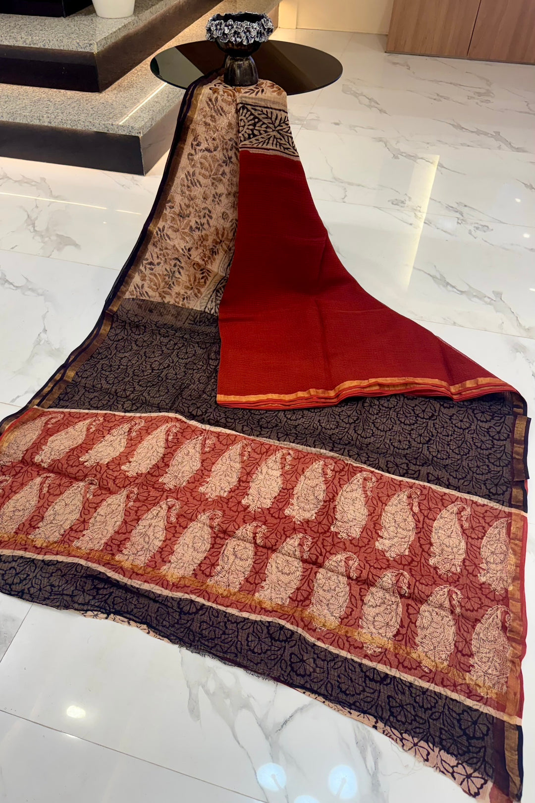 Traditional Terracotta & Black Hand Block Printed Kota Doria Saree