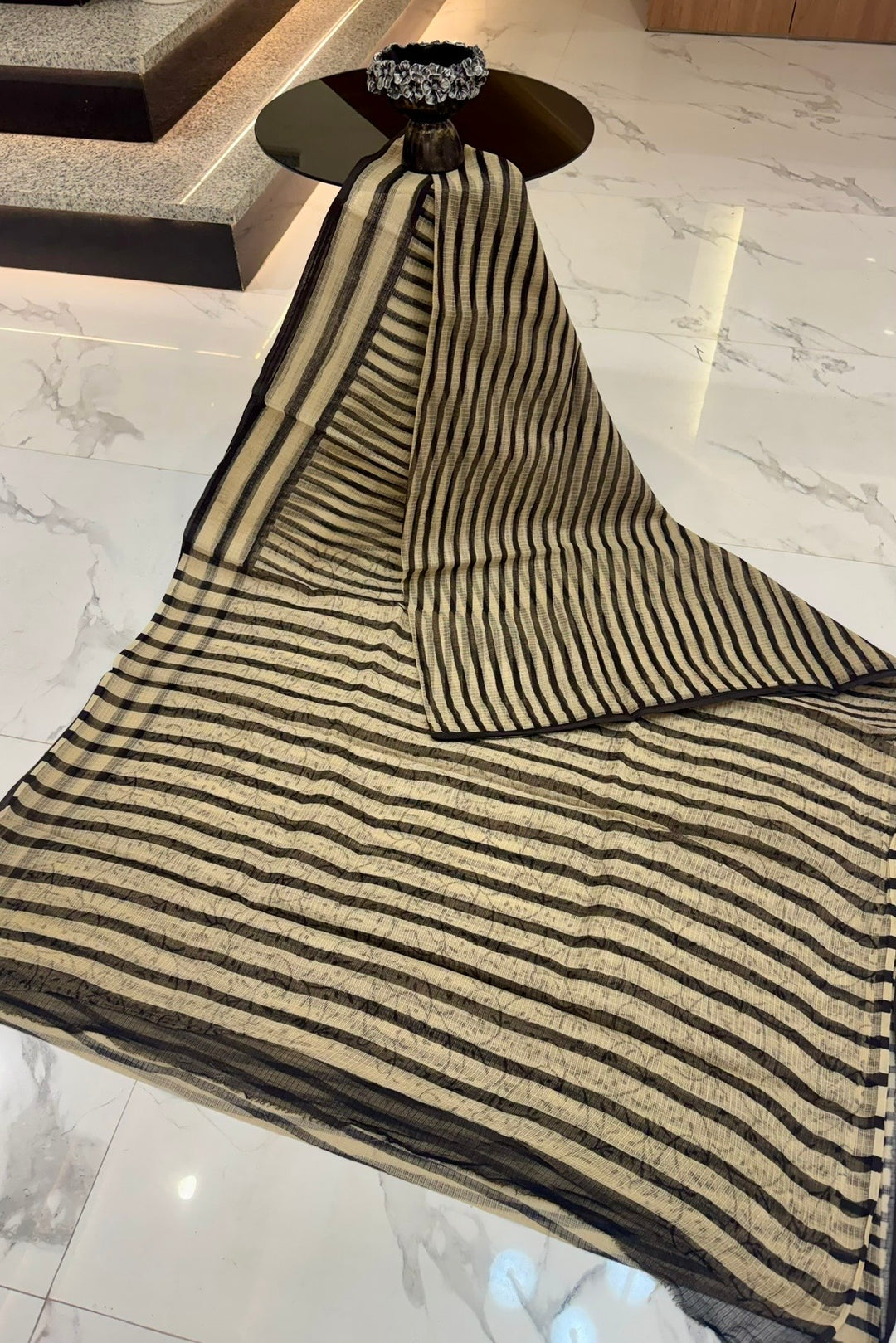 Charcoal Black Geometric Striped Kota Doria Cotton Saree