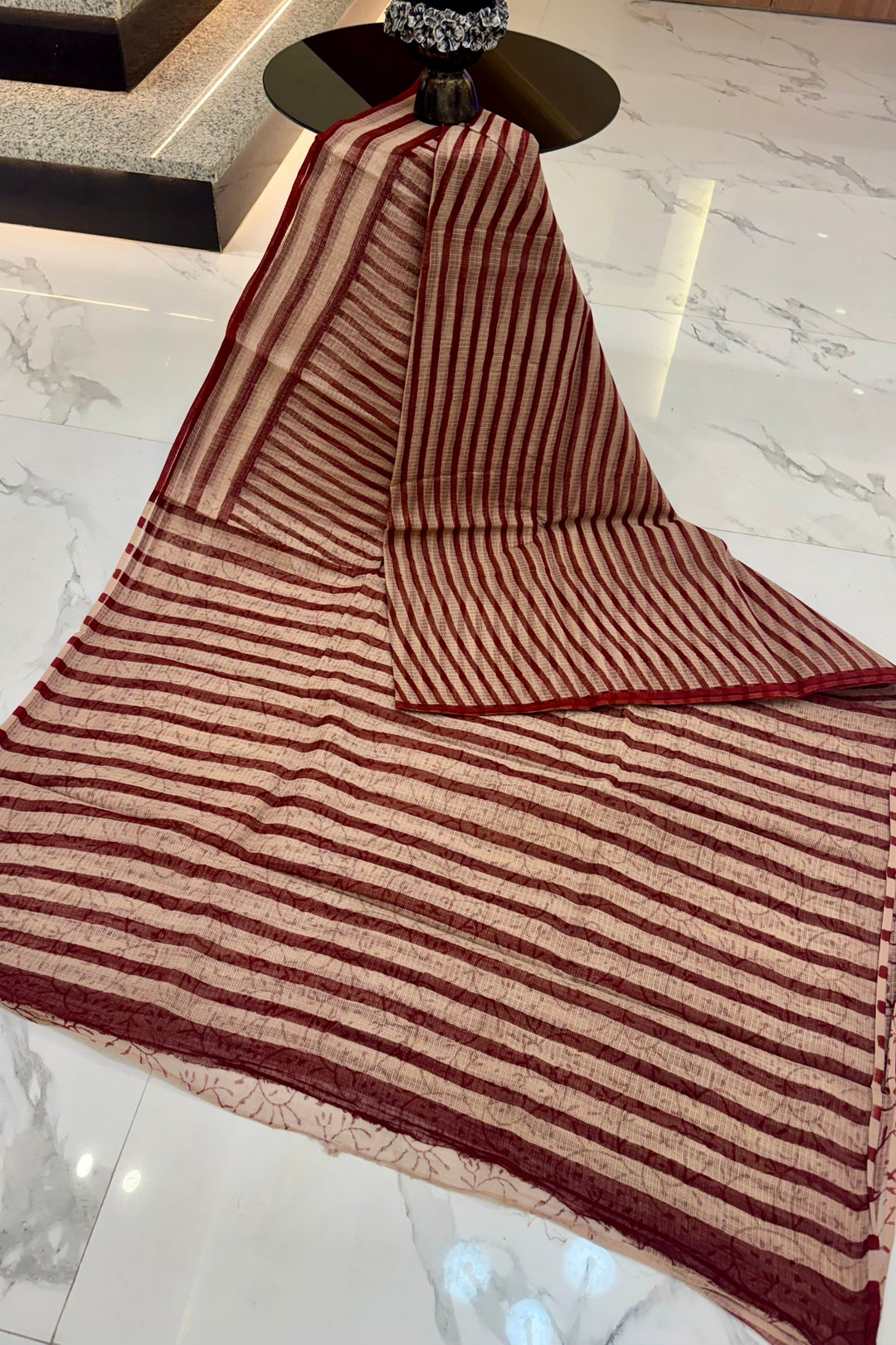 Crimson Red & Cream Striped Hand Block Print Kota Doria Cotton Saree
