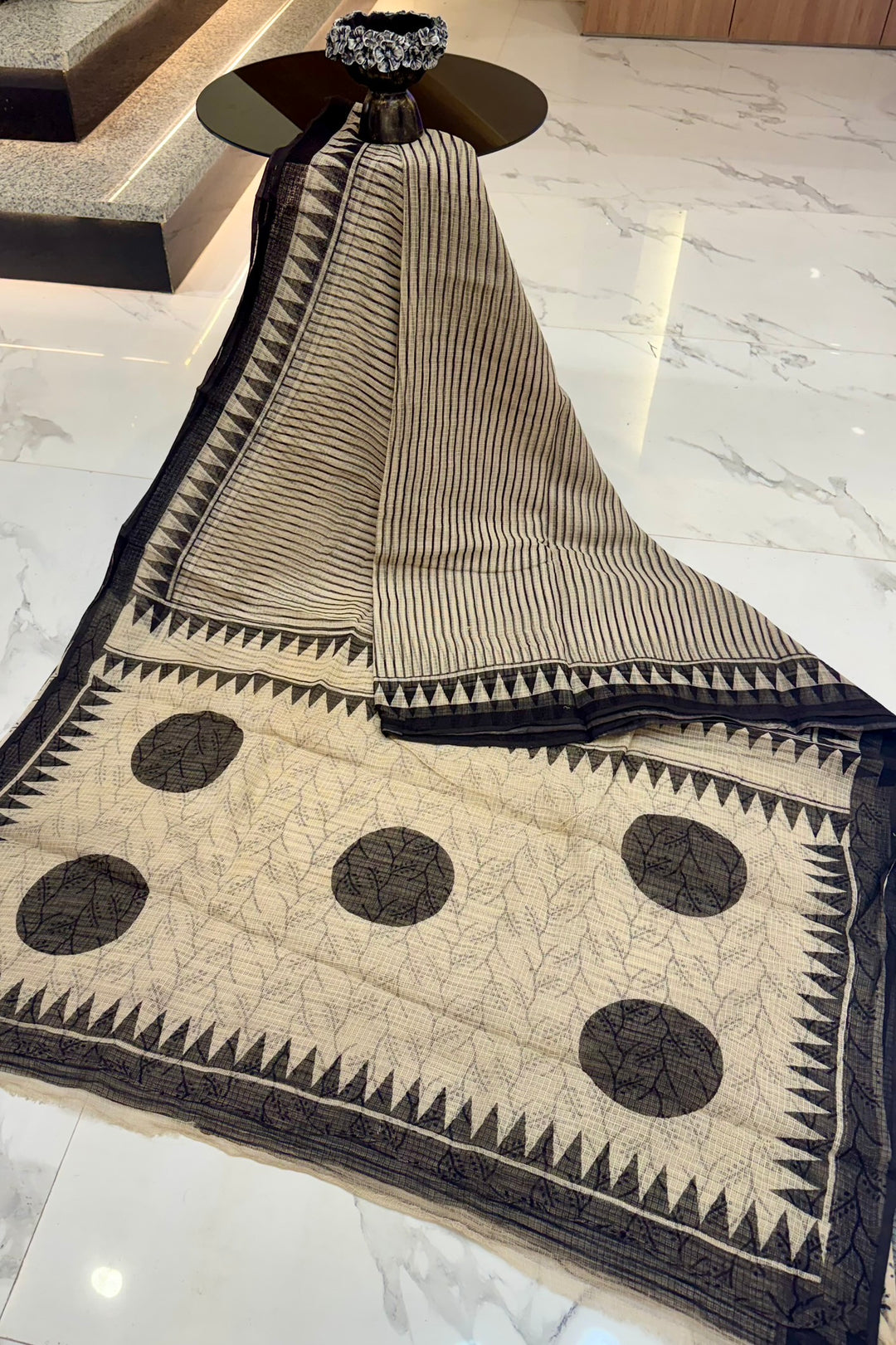 Ivory & Black Polka Dot Circle Block Print Kota Doria Saree with Temple Border