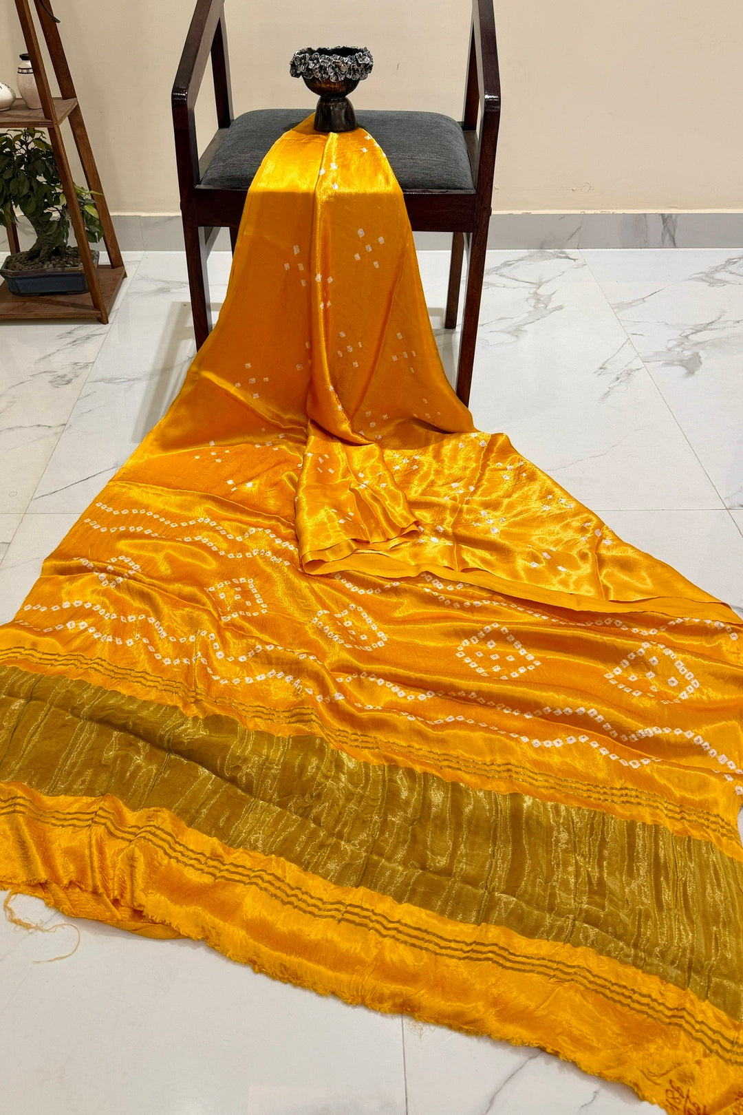 Vibrant Mustard Yellow Gajji Silk Hand-Knotted Bandhani Saree