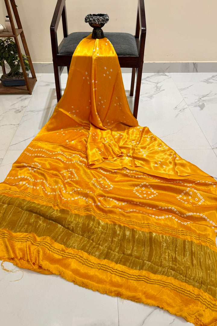 Vibrant Mustard Yellow Gajji Silk Hand-Knotted Bandhani Saree