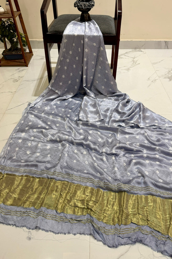 Sophisticated Silver Grey Pure Gajji Silk Bandhani Saree
