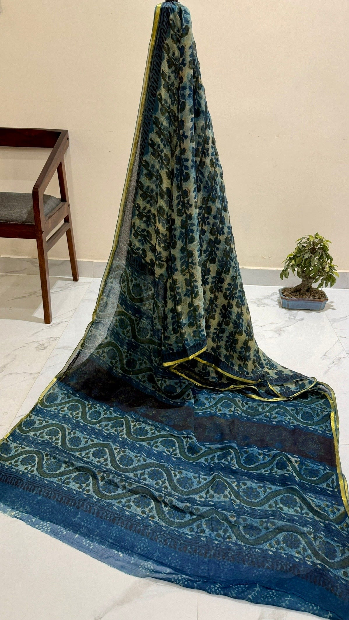 Elegant Sea Green & Indigo Vanaspati Ajrakh Double Diamond Chiffon Saree