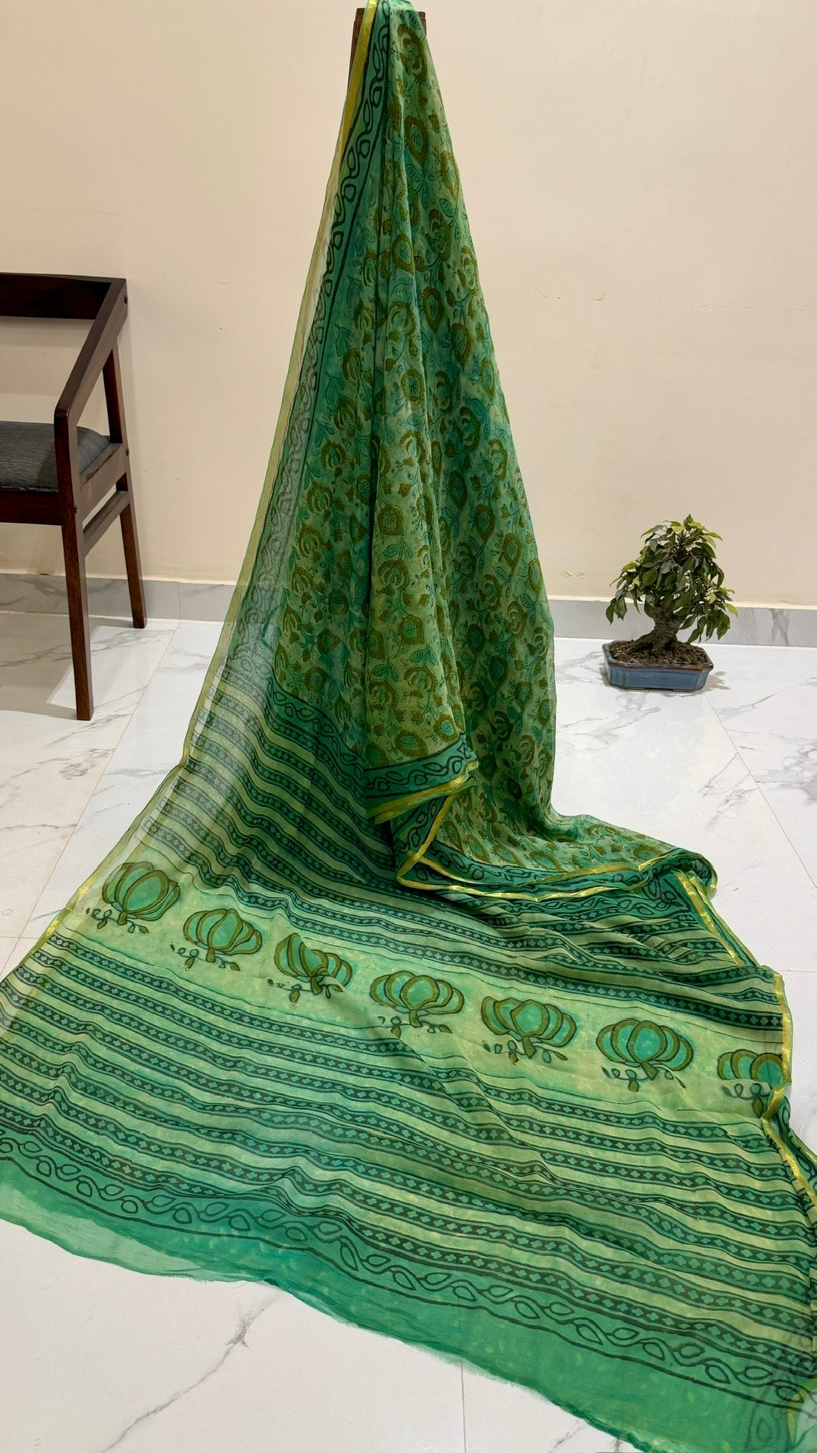 Emerald Green Floral Vanaspati Ajrakh Double Diamond Chiffon Saree