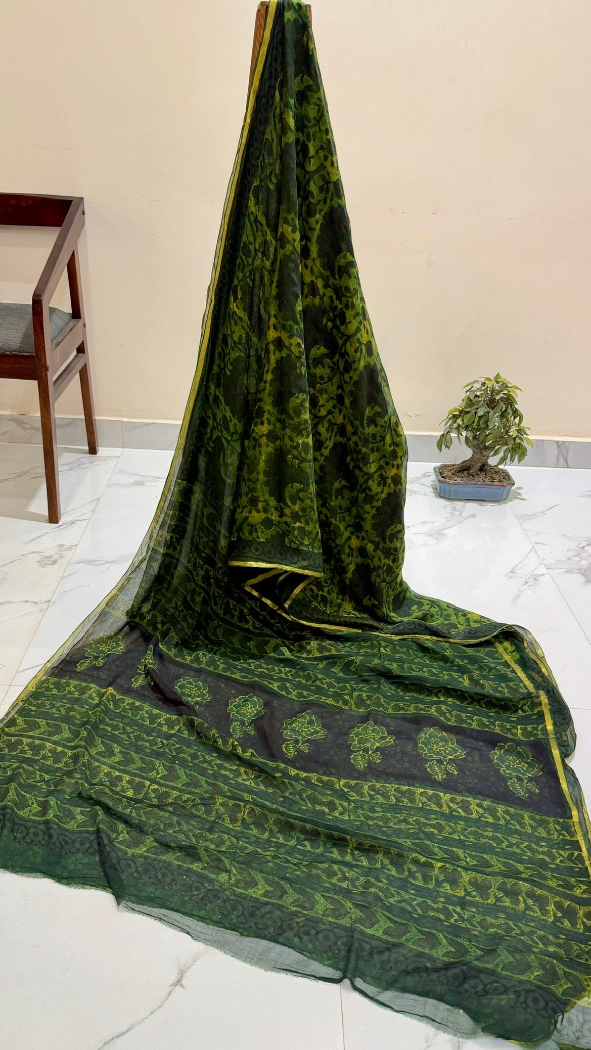 Rustic Olive Green Vanaspati Ajrakh Double Diamond Chiffon Saree