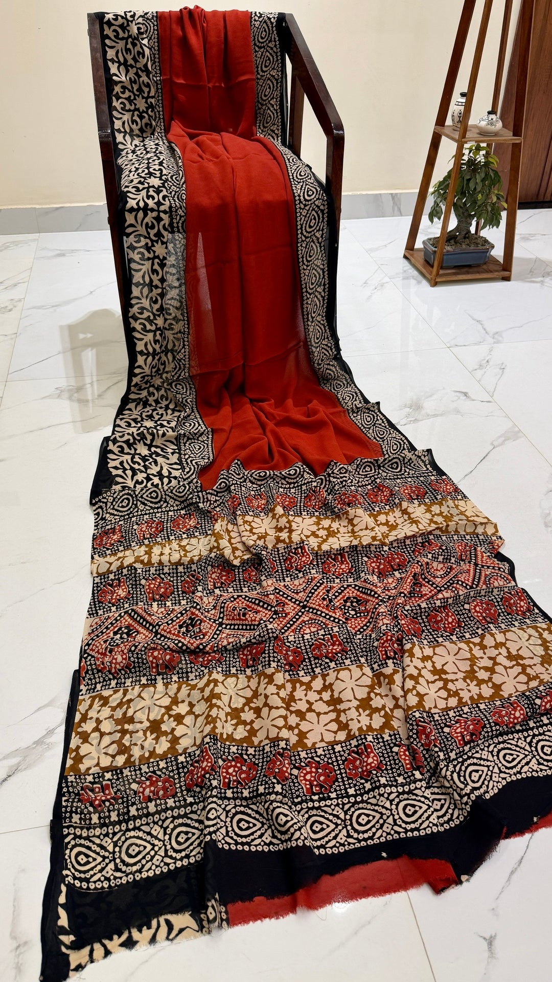 Rust Red and Black Handblock Printed Georgette Saree with Border Detail