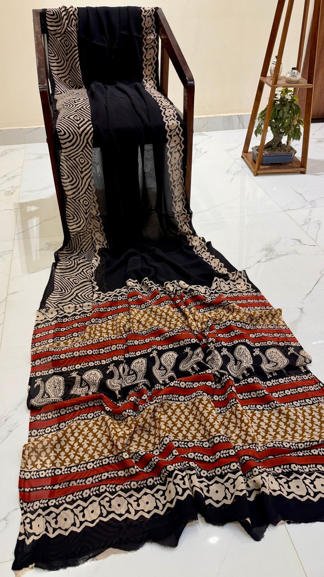 Jet Black Handblock Printed Georgette Saree with Peacock Motif Pallu