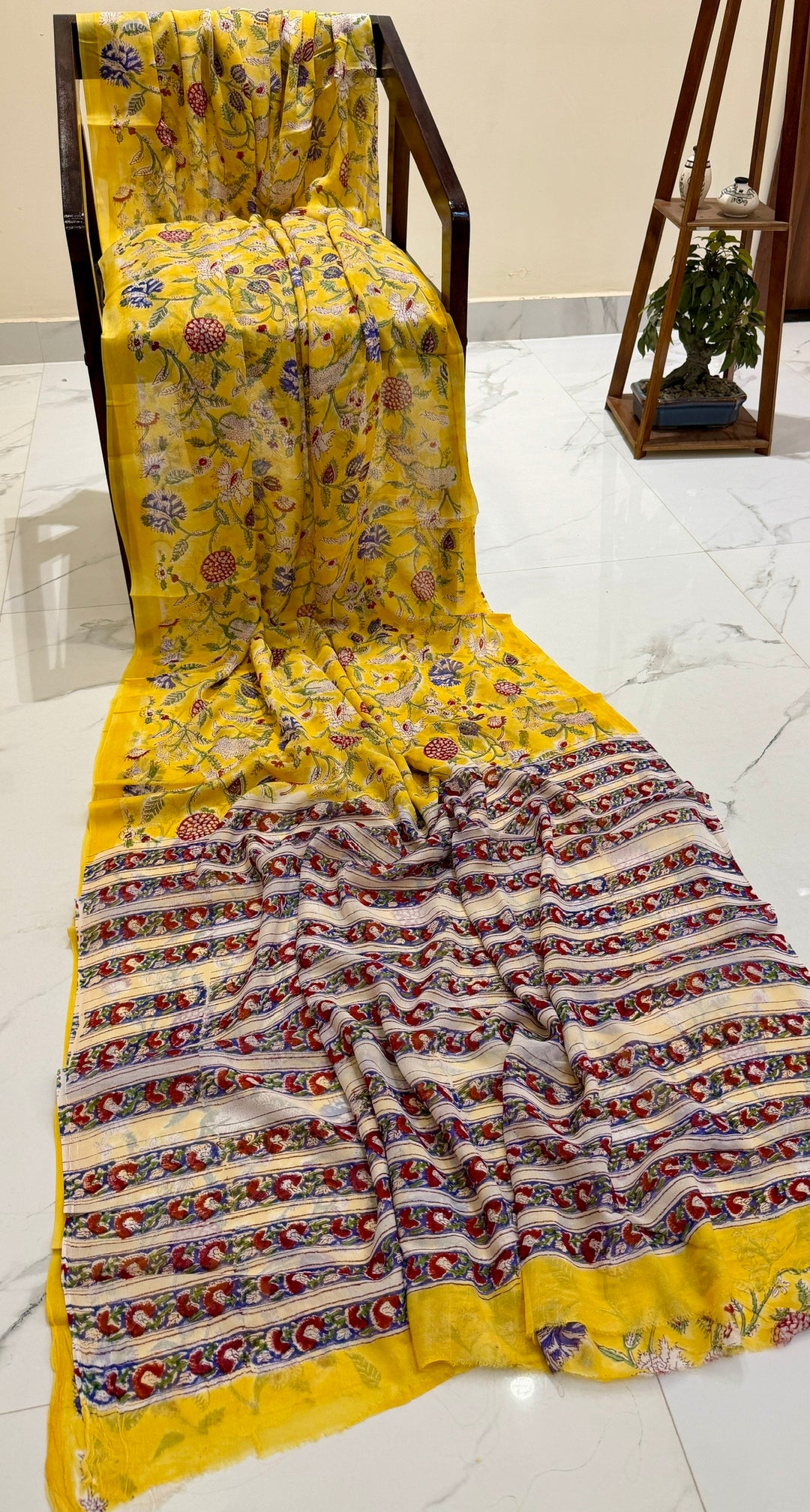 Bright Yellow Floral Handblock Print Georgette Saree