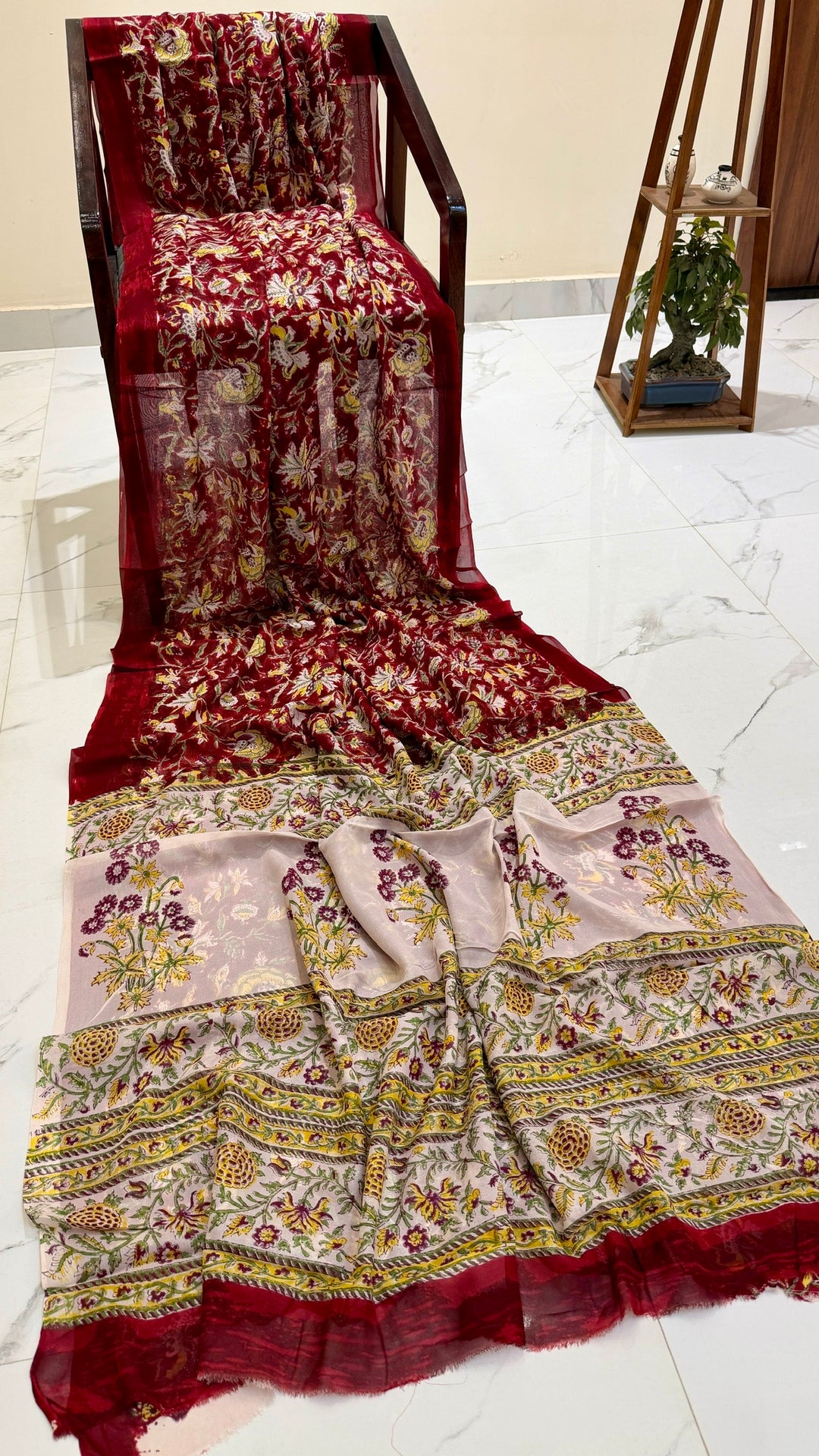 Wine Red and Beige Handblock Print Georgette Saree