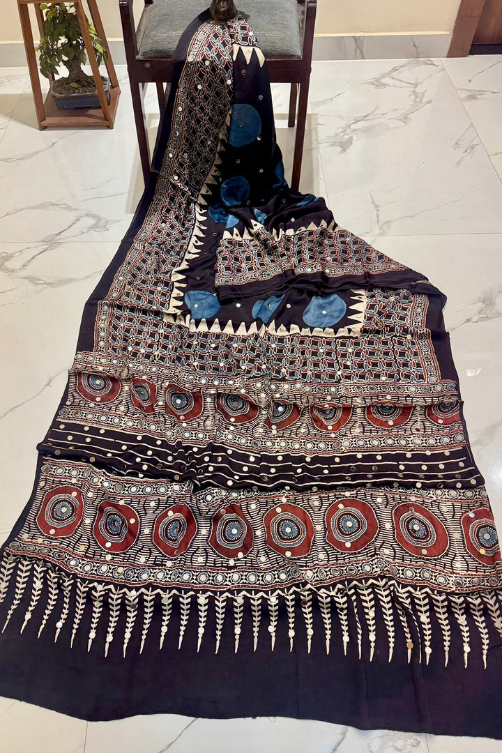 Exclusive Navy Blue Modal Silk Ajrakh Saree with Traditional Handblock Prints & Real Mirror Embellishments