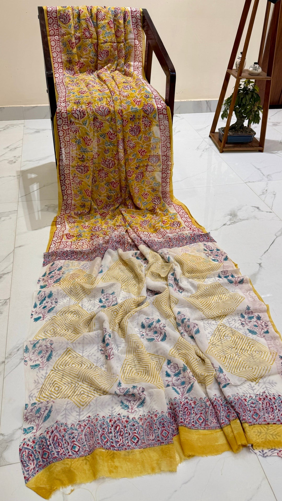 Marigold Yellow and White Handblock Printed Georgette Saree with Geometric Details