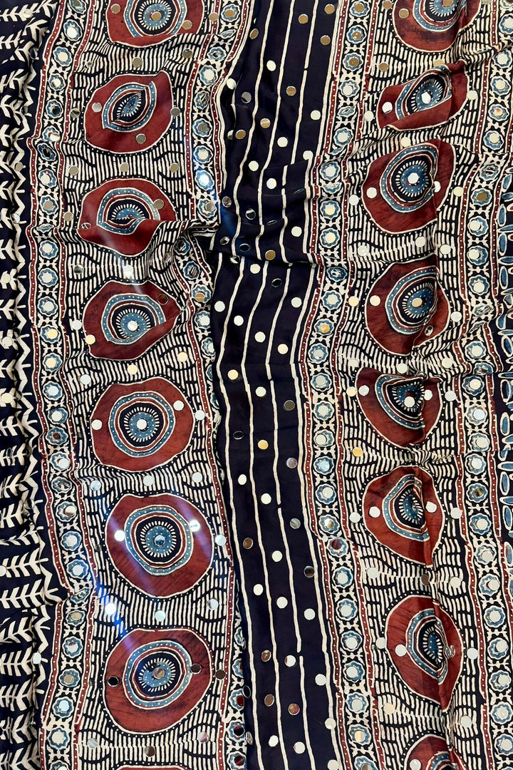 Exclusive Navy Blue Modal Silk Ajrakh Saree with Traditional Handblock Prints & Real Mirror Embellishments